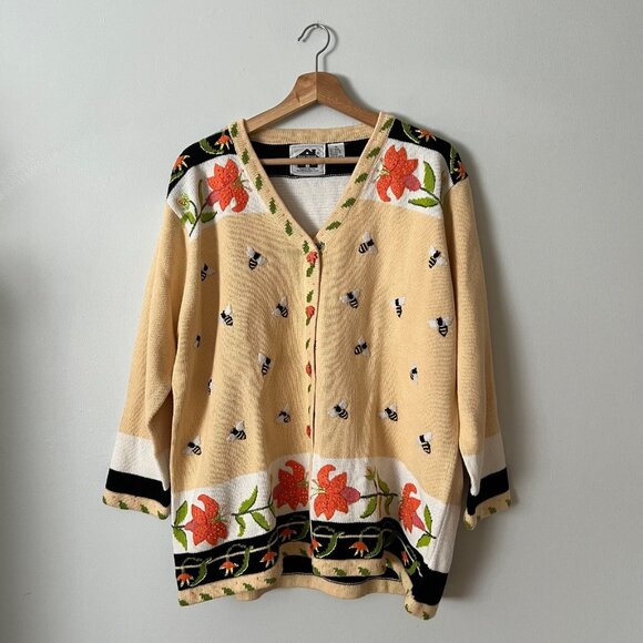 Storybook Knits Yellow Bee Lily Floral Cardigan Sweater Women's Plus Size 1X - Picture 1 of 10
